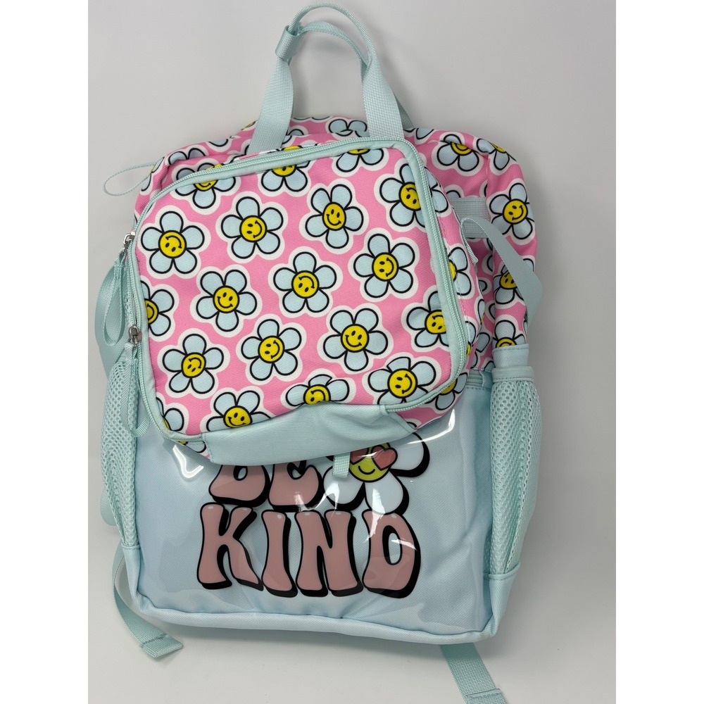 Office Depot Be Kind Smiley Flower Backpack and Lunch Box Set Pink Blue NEW